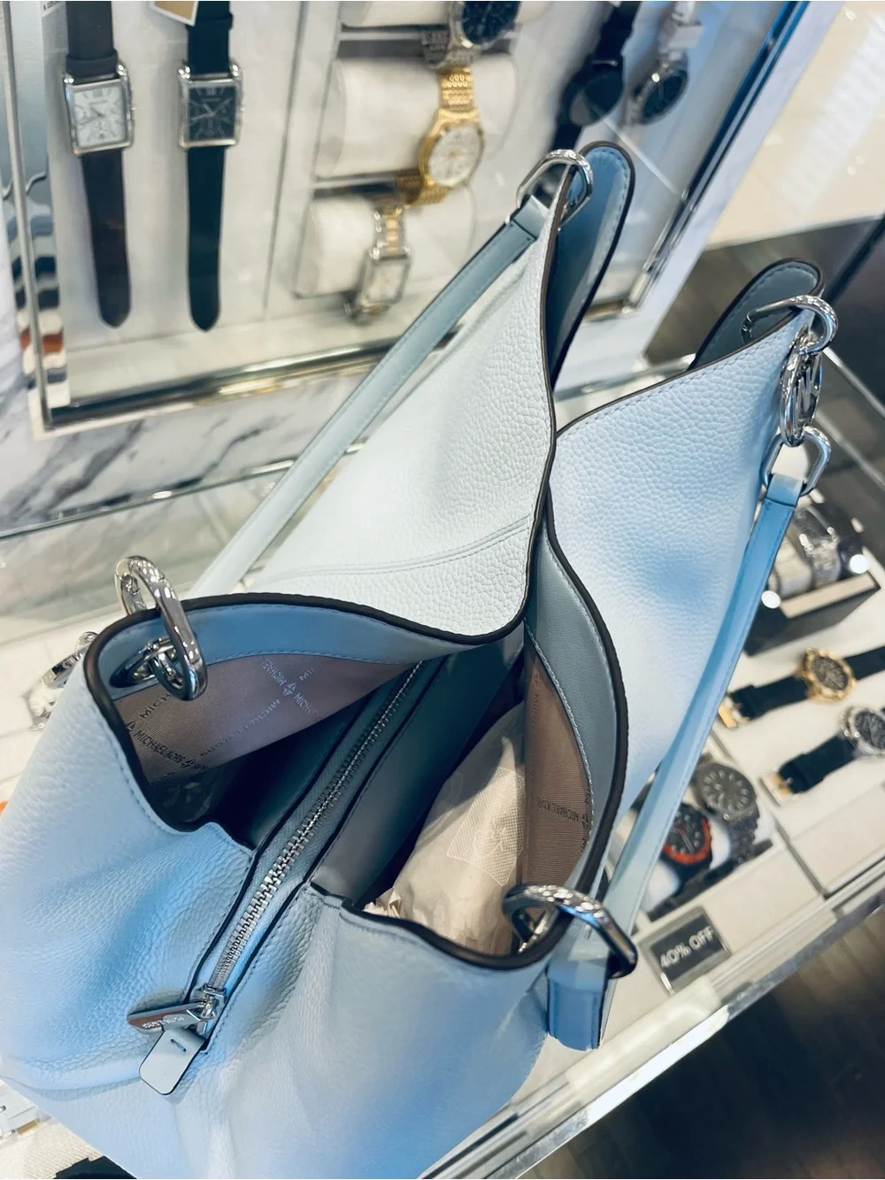Michael Kors Christina Large Pebbled Leather Shoulder Tote Bag Pale Ocean  NWT